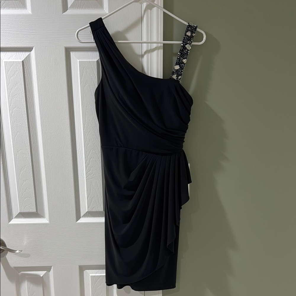 Xscape Gray Asymmetrical Ruched Cocktail Dress